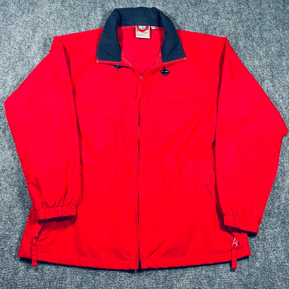 Vintage LL Bean Jacket Women Medium Red Rain Wind Coat Hide Away Hood Zip Pocket